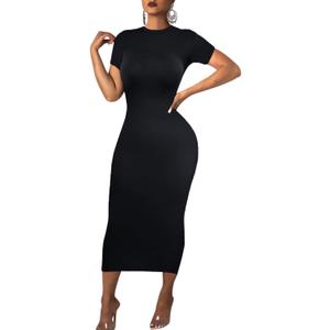 Women's Long Bodycon Dress - Summer Casual Short Sleeve Midi Club Party Fitted Tight Dresses (Large, Black)