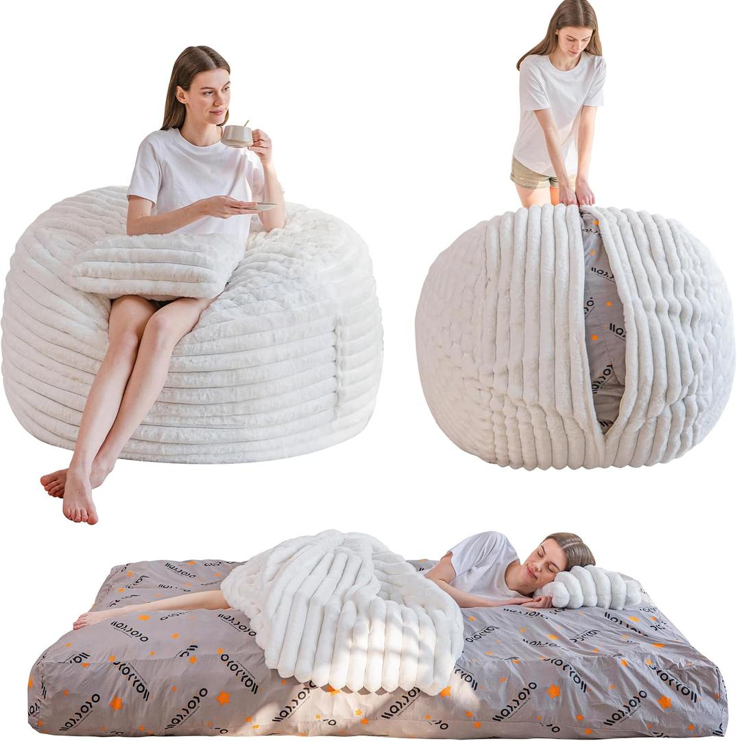 MAXYOYO Giant Bean Bag Chair Bed with Pillow, Convertible Beanbag Sofa to Floor Bed, Lazy Chair Couch with Removable Cover, High-Density Shredded Foam Filling, Cozy Lounge for Bedroom Living Room, Twin