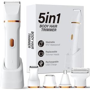 KINGTEE 5-in-1 Electric Bikini Trimmer for Women – IPX7 Waterproof Shaver, Cordless Body & Facial Razors for Women, Ceramic Blades, USB-C Rechargeable, Painless Hair Removal Kit (White)