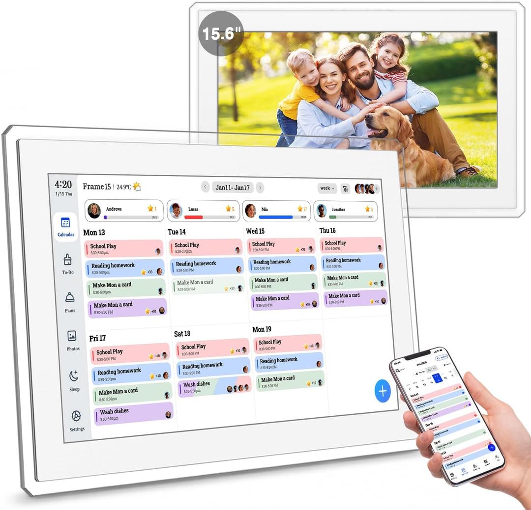 Digital Calendar Wall Touch Screen, 15.6 Inch Smart HD Electronic Calendar for Family & Chore Chart with Meal Planner, Built-in Digital Photo Frame, Gift for Parents & Kids, Desk Stand & Refills (White)