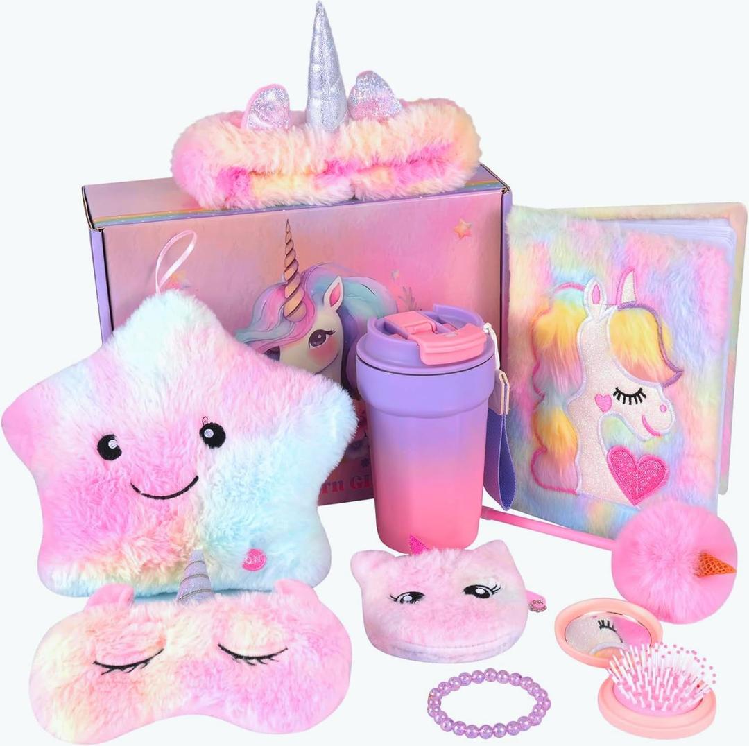 HYRIXDIRECT Unicorn Gifts for Girls Age 3 4 5 6 7 8 9 10 Years Old with Star Light Up Pillow Stationery Plush Diary Water Bottle Mirror Change Purse Bracelet Teen Christmas Birthday