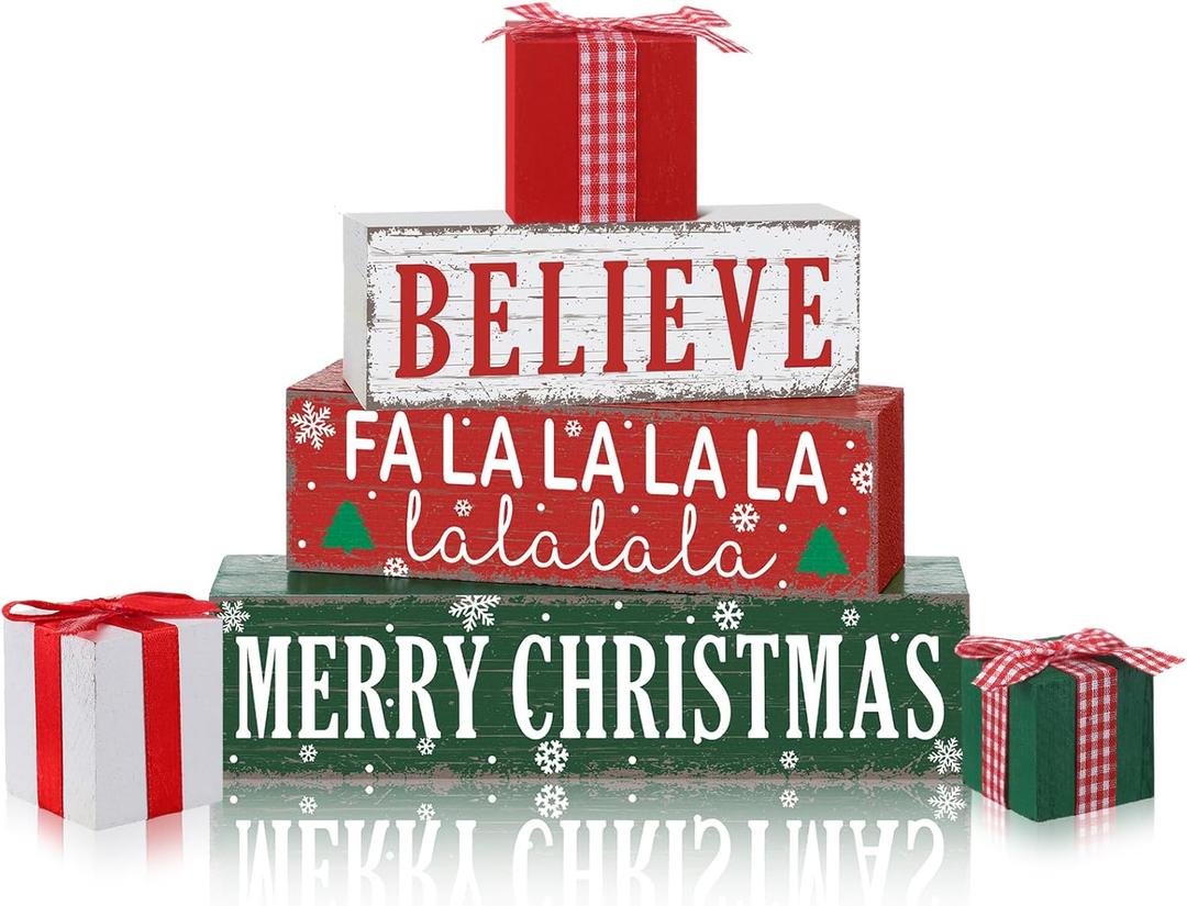 Geelin 4 Pieces Merry Christmas Wooden Table Decorations Xmas Wood Gift Boxes Decor Rustic Christmas Tiered Tray Decor Xmas Believe Tabletop Centerpieces for Home Desk Room Kitchen Shelf