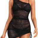 Sheer Swimsuit Coverup for Women- Mesh Sexy One Shoulder Bathing Suit See Through Beach Swimwear Cover Ups Dress (Large, Black)
