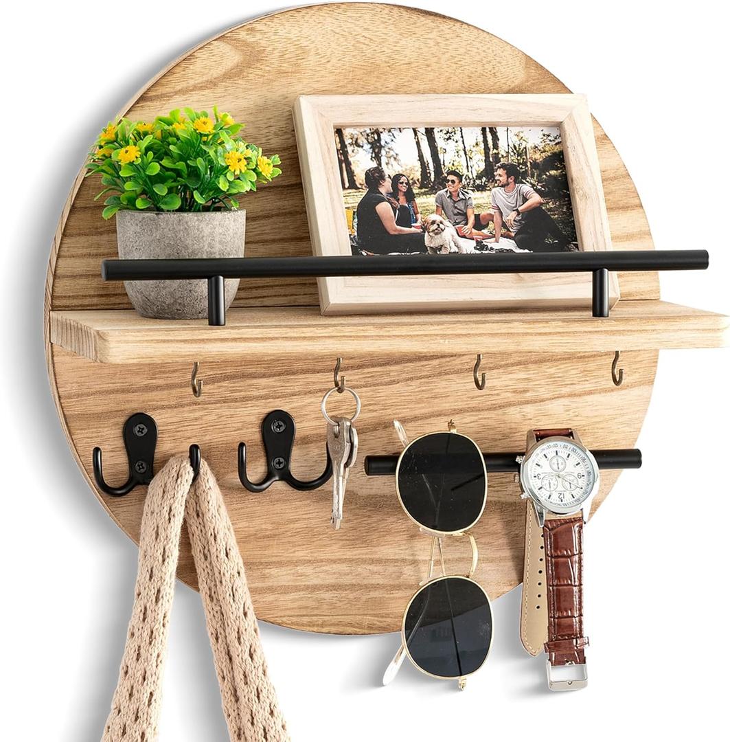 dreampossible Key Holder for Wall Decorative with Shelf and Hooks, Mail Organizer Wall Mount with Sunglasses Holder, Circular Design Entryway Key Rack Hanger, Rustic Home Decor (Light Brown)