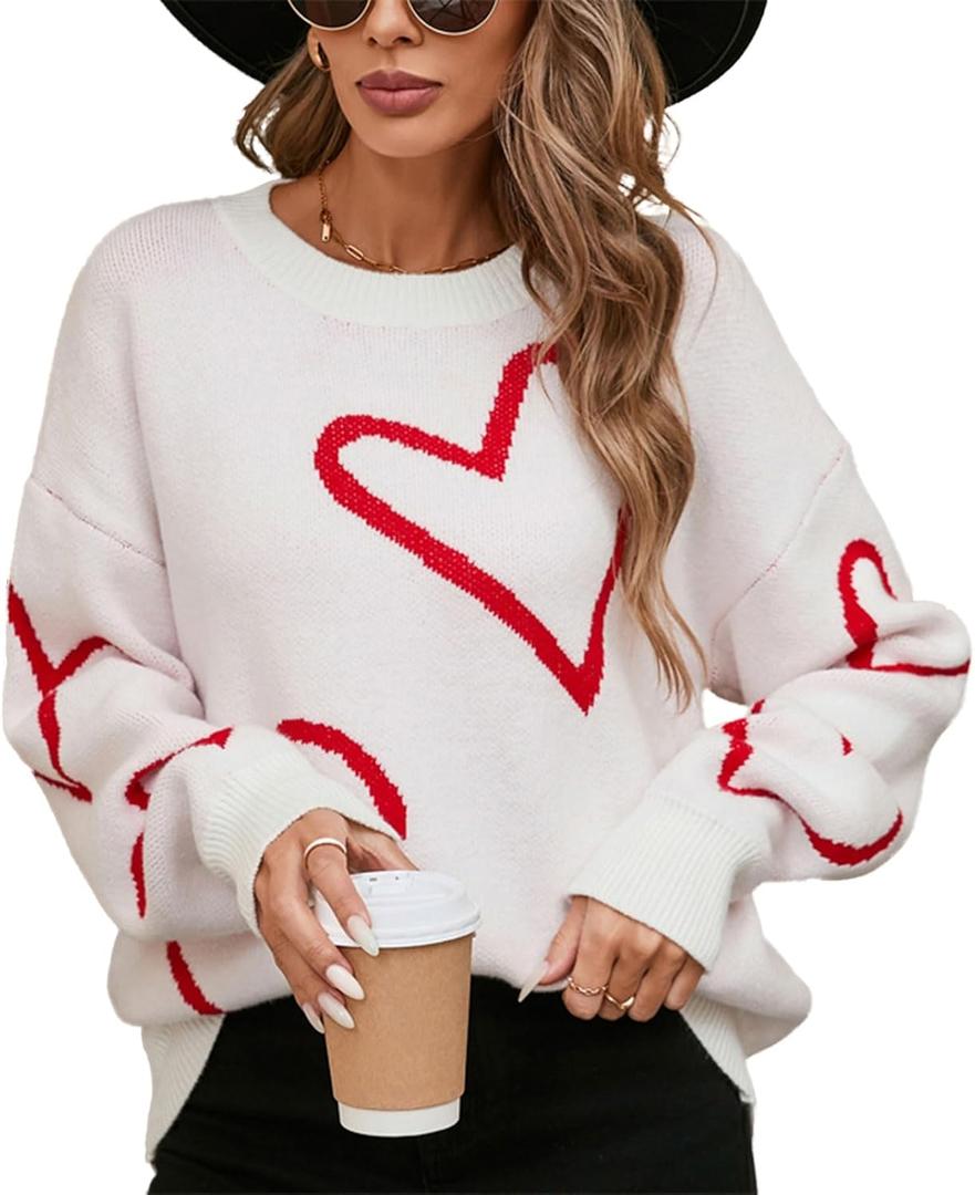 Women's Oversized Cute Heart Print Sweaters Fashion Long Sleeve Sweaters Crewneck Loose Pullover Knitted Tops (Medium, White)