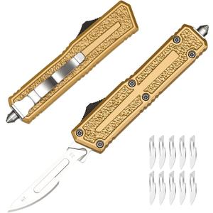 Utility Knife, All-Metal Manual Box Cutter with Quick-Change Stainless Steel Blade,Folding Cutting Tool Set with 10pcs #23 Replacement Blades,GOLD