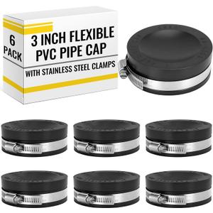 6 Pack 3 Inch Flexible PVC Pipe Cap with Stainless Steel Clamps - Black Durable End Caps for Drainage, Wastewater & Vent Pipes, Above/below Ground Use
