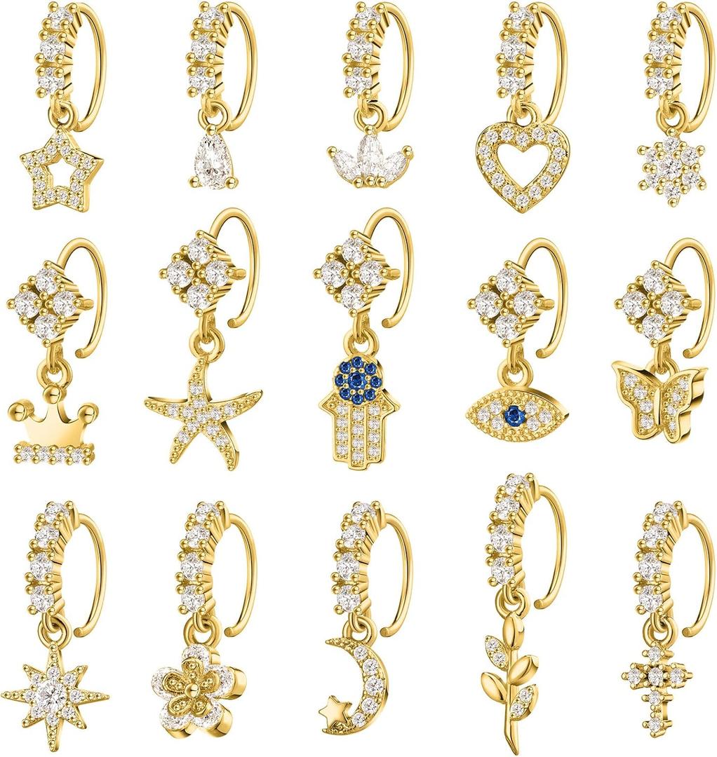 Bonuci 15 Pcs Dangle Nose Rings Hoops Heart Dangle Nose Rings Cartilage Earring Dangling Piercing Jewelry for Women(Gold)
