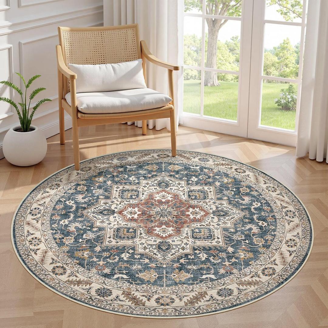 5ft Round Vintage Living Room Area Rug - 5x5 Large Soft Washable Oriental Traditional Distressed Farmhouse Rugs for Bedroom - Indoor Floor Accent Carpet for Home Office House Decor - Vintage Blue