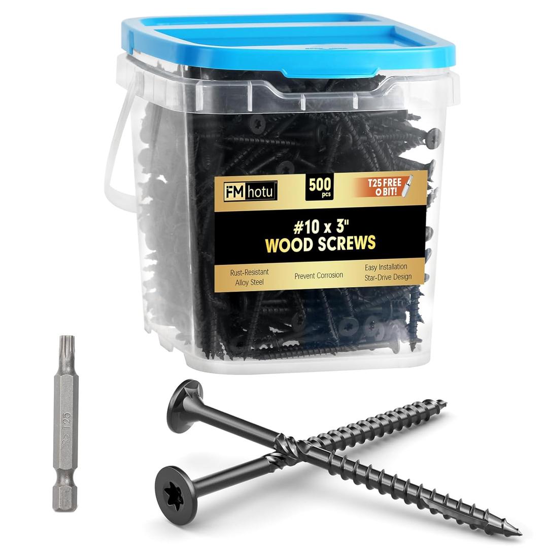 #10 x 3 Deck Screws, 500Pcs Star Drive Wood Screws, Rust Resistant Timber Screws for Timber/Log/Landscaping Wood, T25 Star Bit Included, Black