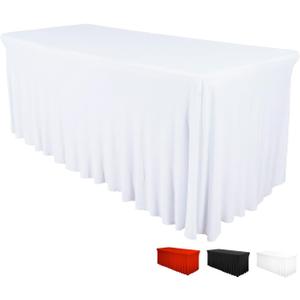 Destination 8ft Rectangular Table Skirt - White Wedding Spandex Table Cover - One Piece Fitted Stretchy Tablecloth - Wrinkle Resistant Ruffles - Great for Party, Banquet, Size: 96" x 30" (Rectangular)