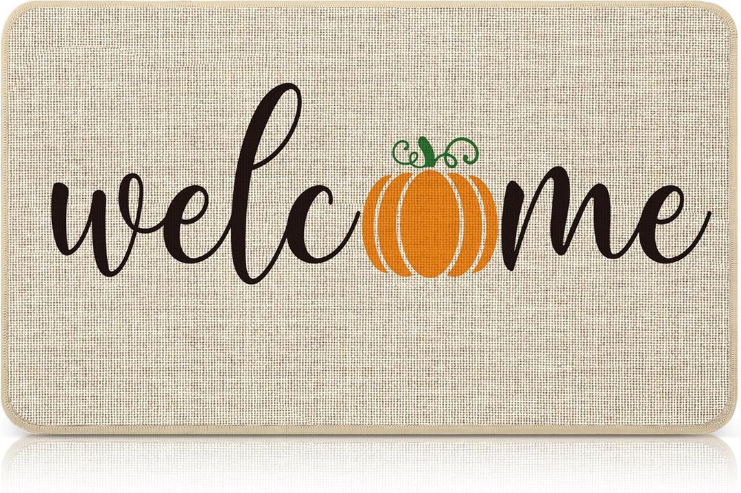 Fall Door Mat Pumpkin Welcome Home Sweet Mat 27.6" 16.5" with Non Slip Rubber Backing for Autumn Thanksgiving Home Entrance Kitchen Door Decoration(Welcome)