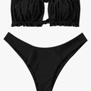 ZAFUL Women 2 Piece Strapless Bikini Swimsuits Ruffle Ribbed Self Tie Bandeau Bikini Set High Cut String Bathing Suits ,Size S