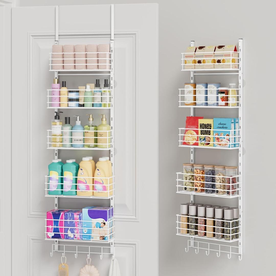 SWTYMIKI Over The Door Organizer - Door Organizer Hanging with 5 Adjustable Metal Large Capacity Basket and 6 Coat Hook, Wall Mounted Shelf for Bedroom Closet Bathroom Laundry Pantry Cabinet Kitchen, White