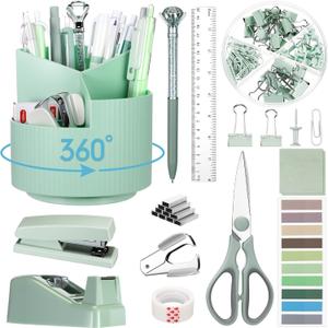 Marspark Sage Green Office Desk Accessories 12 Pcs Office Supplies Set 360 Rotating Pen Holder, Stapler, Tape Dispenser, Scissor, Sticky Notes, Binder Clips, Desk Organizers Gift for Home School