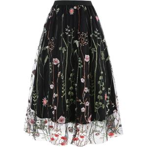 Women Vintage Floral Embroidered Tulle Midi Skirt 50s Party Elastic High Waist A-line Swing Skirts