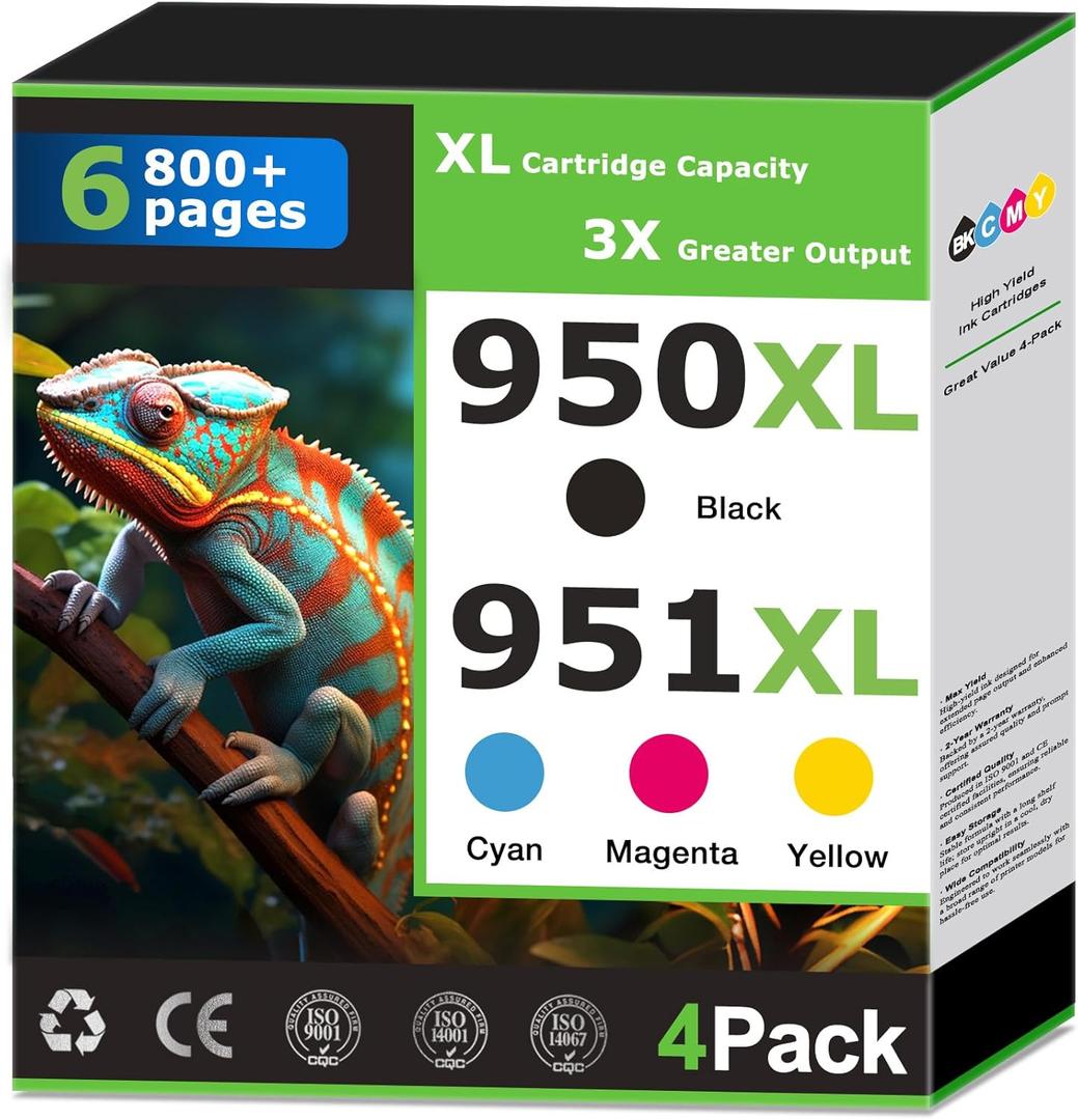 950XL 951XL Ink Cartridges Compatible for HP 950 951 Ink Cartridges Combo Pack Work with HP Printer OfficeJet Pro 8600 8610 8620 8100 8630 8625 Printer 950 Black 951 Color Cyan Magenta Yellow(4 Pack)