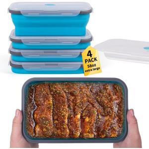 Extra Large Collapsible Food Storage Containers with Lid & Air Vent, 58 oz, 4 Pack, XL Collapsible Marinade Container with Lid Foldable Silicone Containers, Microwave Freezer Dishwasher Safe, Blue