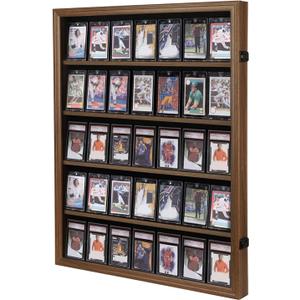 KCRasan 35 Graded Sports Card Display Case - Baseball Card Display Case Lockable - Trading Card Collector Wall Display Holder for Basketball Football Cards, UV Protection Acrylic, Walnut