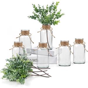 6pcs Glass Vase Set with Artificial Eucalyptus Leaves Stems, Vintage Clear Flower Vases for Centerpiece Table Decorations Farmhouse Wedding, Cylinder Vase for Home Decor Party Bathroom Office Shelf