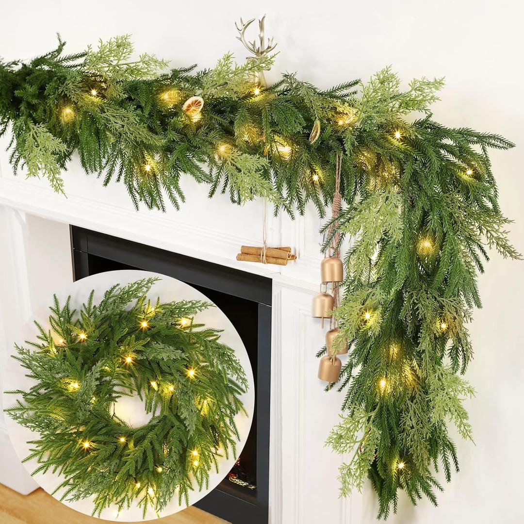 Prelit & Timer - 6 Ft by 12 Inch Christmas Garland with Lights, Real Touch Norfolk Pine Garlands Cedar Garland Artificial Realistic Soft Thickness 120 Pine Cypress Tips for Mantle Table Stairs Railing