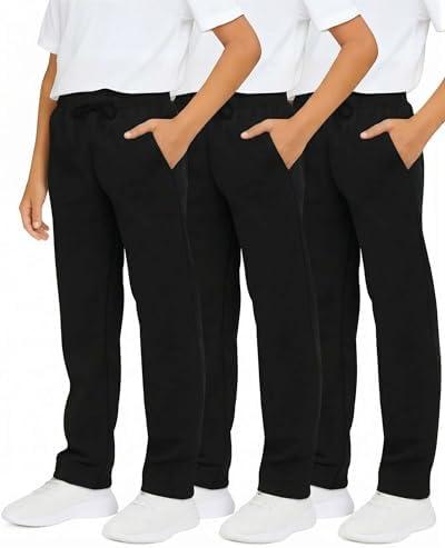 Real Essentials 3 Pack: Boys' Cotton Fleece Sweatpants - Open Bottom Athletic Pants with Pockets for Teens & Kids (Size XL)