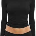 MANGOPOP Womens Tops Long Sleeve Crew Neck t Shirts Double Lined Slim Fitted Lined Tight Basic Tee Shirt Black, XL