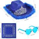 Funtery 3 Pieces Cowboy Cowgirl Costume Accessories Cowgirl Hat with Tiara Crown Heart Shaped Sunglasses Bandanas for Women Men Teens, Blue (Blue)