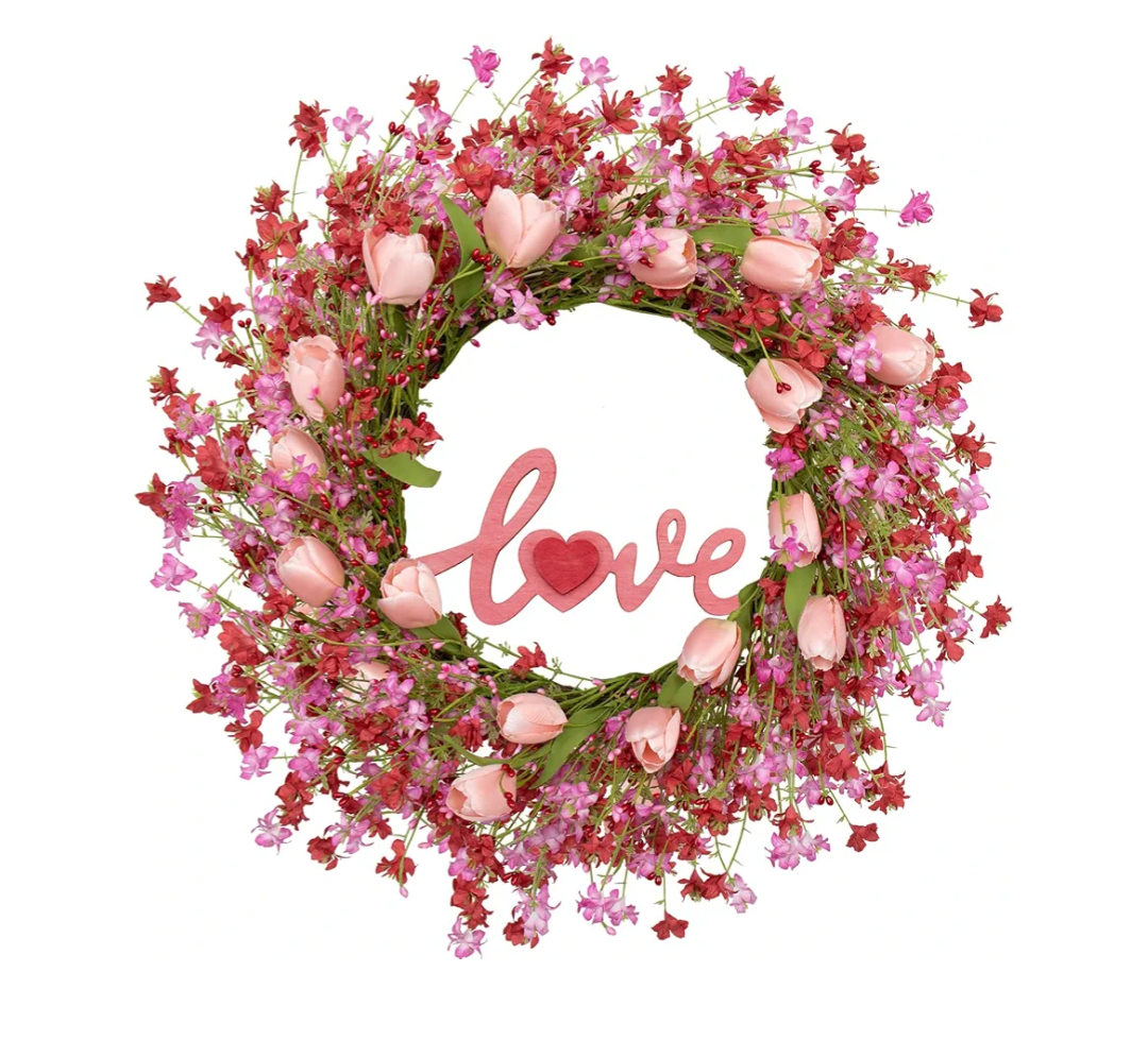 Valentines Day Wreath Decor, 22inch Artificial Pink Wreath with Tulip Berry Green Leaf Element, Valentines Wreaths for Front Door Wedding Anniversary Party Candlelight Dinner Decorations