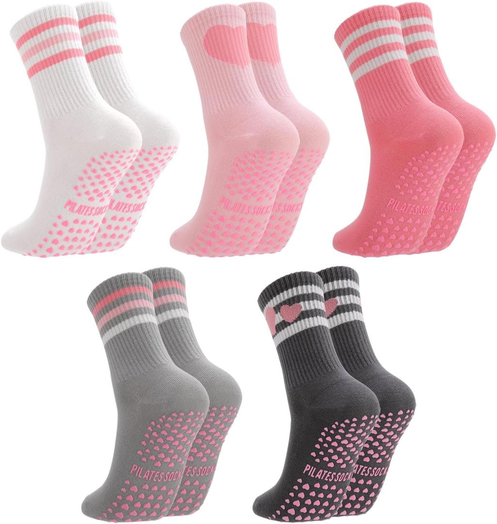Pilates Socks with Grips for Women Cute Non Slip Yoga Socks for Barre Hospital Home, One Size (Heart Striped)