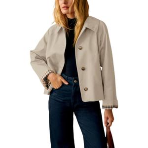 Yeokou Women Oversize Trench Coat Plaid Lining Lapel Button Down Casual Crop Jacket Outwear with Pockets, M