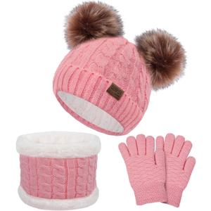 Senker Fashion Kids Winter Beanie Hat Scarf Gloves Set for Girls Boys Knit Warm Pompom Toddler Hats Mittens Neck Warmer (Pink)