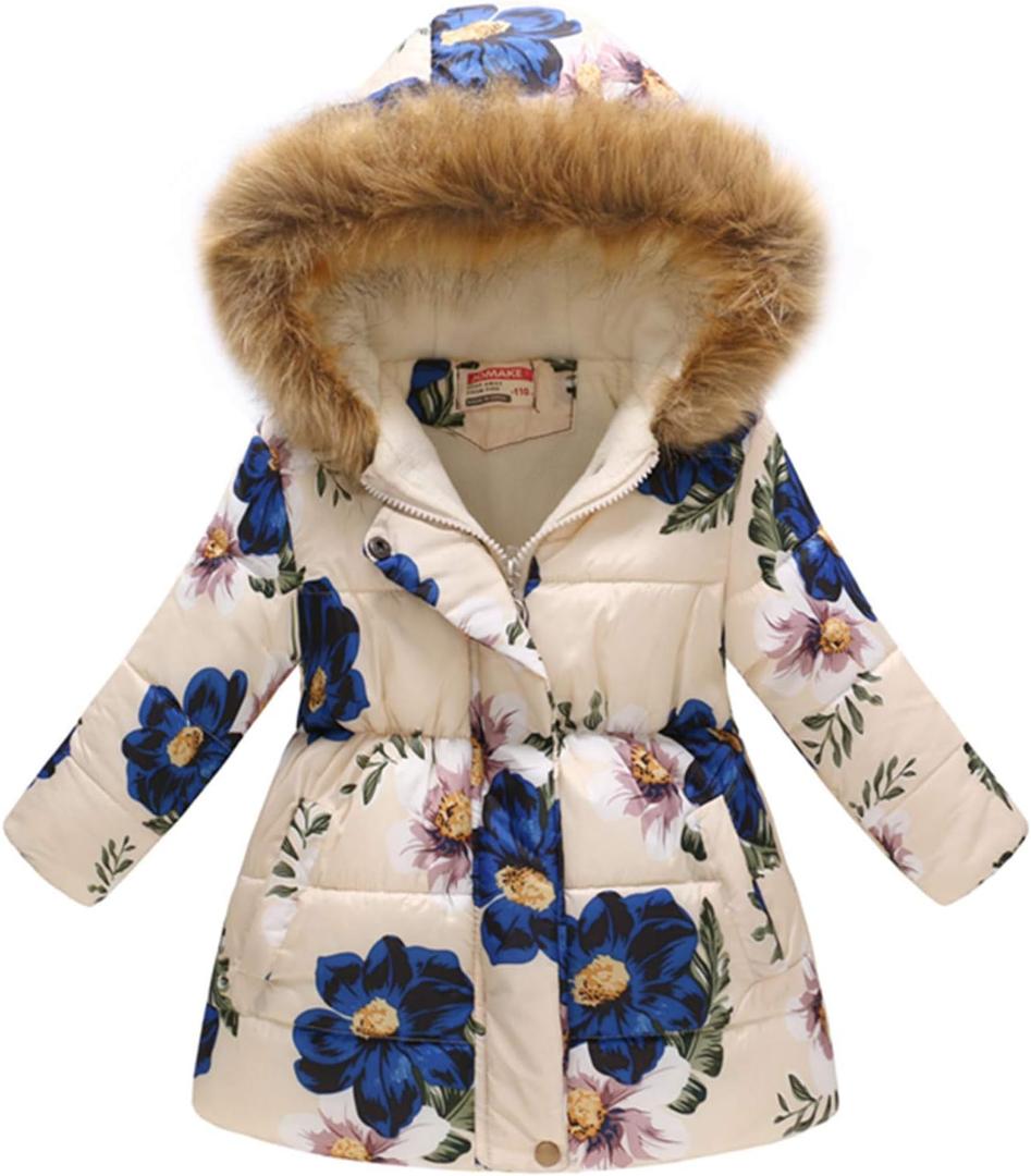 Girl's Winter Coat Jacket Hooded Kids Toddler Flower Print Parka Outwear Warm Cotton Puffer Hooded Jacket, Size: 8-9 Years