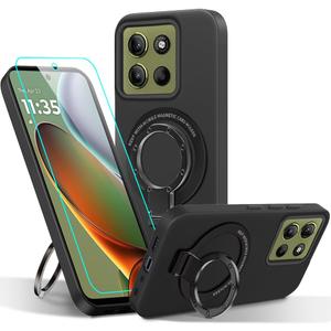 Compatible for Motorola Moto G 5G/Play 4G 2025 Phone Case, Metal Ring Holder Kickstand/Stand Silicone Protective Cover Case for Motorola Moto G 5G/Play 4G 2025 - Black