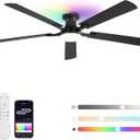 ZMISHIBO 60 Inch Ceiling Fans with RGB Lights, Low Profile Flush Mount Ceiling Fan with App&Remote Control, Dimmable 20W LED Light, Black Modern Fan for Living Room, Bedroom, Game Room