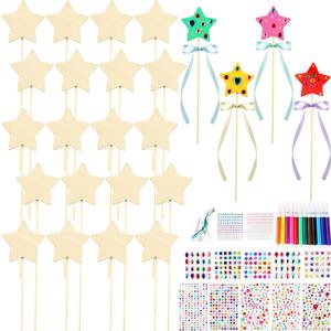 72 Pcs Unfinished Star Princess Fairy Wands Kit Make Your Own Princess Wand DIY Art Craft Magical Wand Include 24 Star Wooden Fairy Wands 12 Gem Stickers 24 Ribbons 12 Markers for Kids Party Supplies