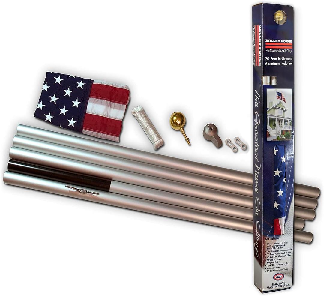 American Flag Kit  Perma-Nyl Nylon Flag 100% Made in the USA - 3' x 5' ft Flag with 20ft Aluminum Pole - Sturdy, Durable and Patriotic - Great for Gardens and Homes - Valley Forge Flag (20' Nylon Flag Kit, Multicolor)