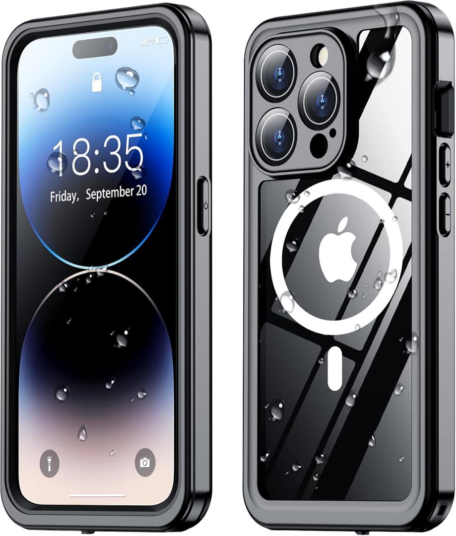 SPIDERCASE Magnetic for iPhone 14 Pro Case Waterproof,Built-in Screen & Camera Lens Protector[IP68 Underwater] [Military Grade Shockproof] Full Body Protection Phone Case,Black/Clear