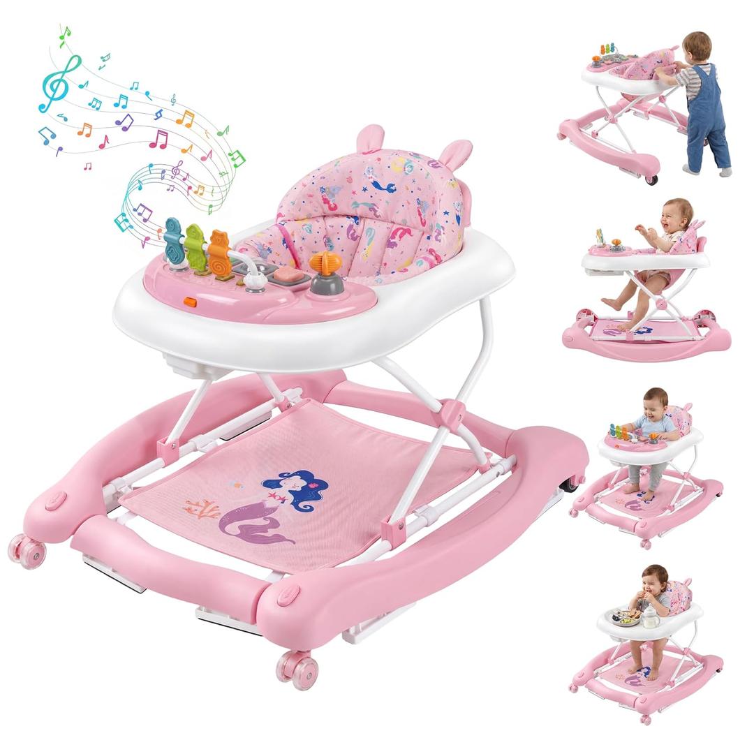 5 in 1 Foldable Baby Walker with Wheels, Music and Lights Bouncer Combo, Rocker, Activity Center for Baby Boys Girls, Adjustable Speed and Height for 6-18 Months (Pink)