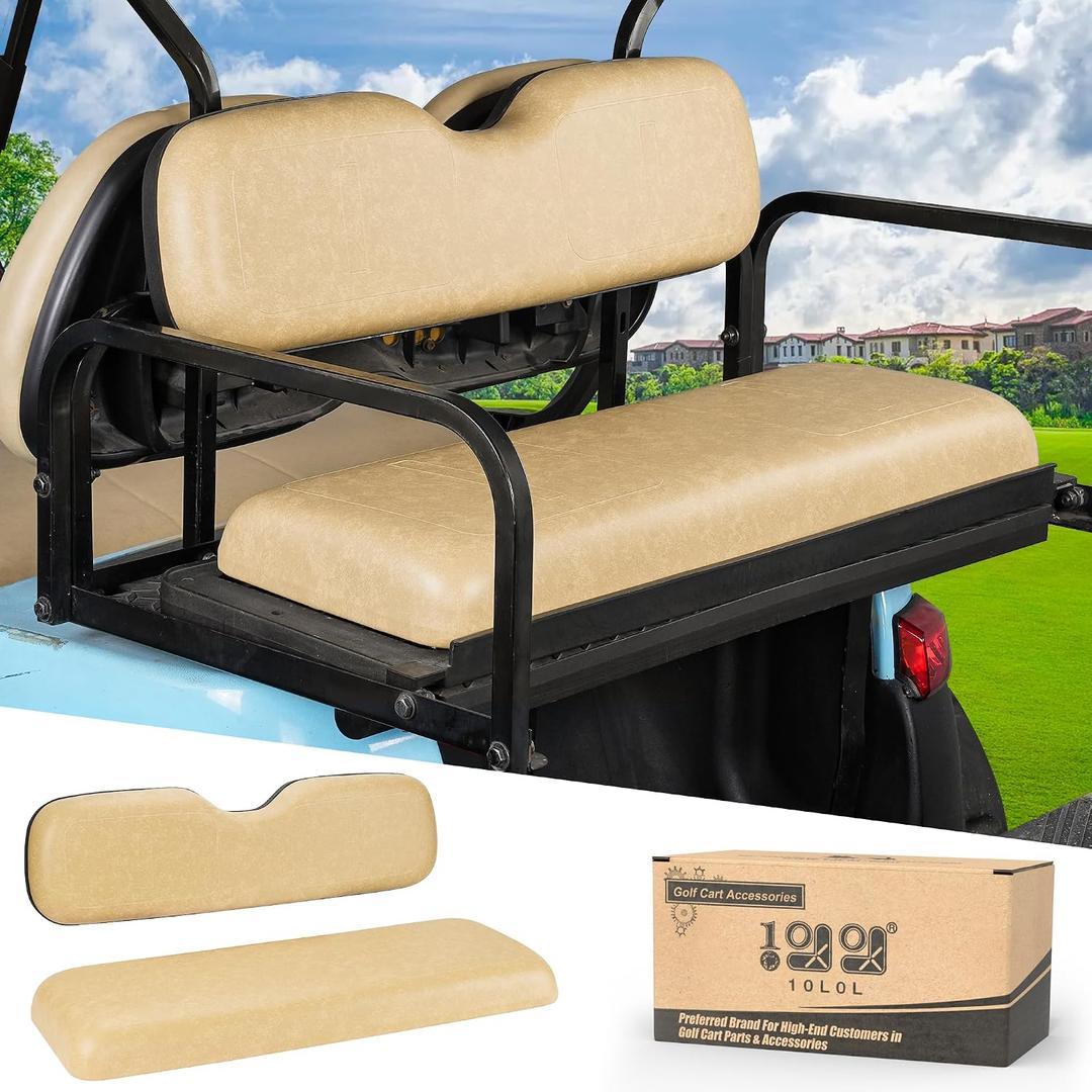 10L0L Universal Golf Cart Rear Seat Cushions for EZGO, Club Car, Yamaha | For 4-Passenger 2+2 Flip Rear Seats, Black Vinyl, Factory Style Replacement, Seat Bottom Cushion and Back Cushion Set, Beige