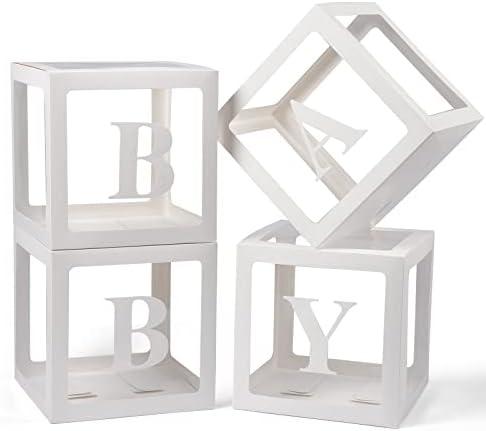 Baby Boxes with Letters for Baby Shower, 4 Transparent Balloon Boxes with Letters for Gender Reveal Birthday Wedding Baby Shower Decorations (White)