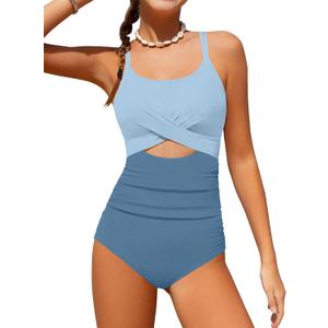TyeSmo Girls Swimsuit Teen Swimsuits for Girls 16-18 One Piece Cutout Ruched Teen Bathing Suits for Girl 16-18 Cute V-Neck Adjustable Straps Padded Swimwear Baby Blue