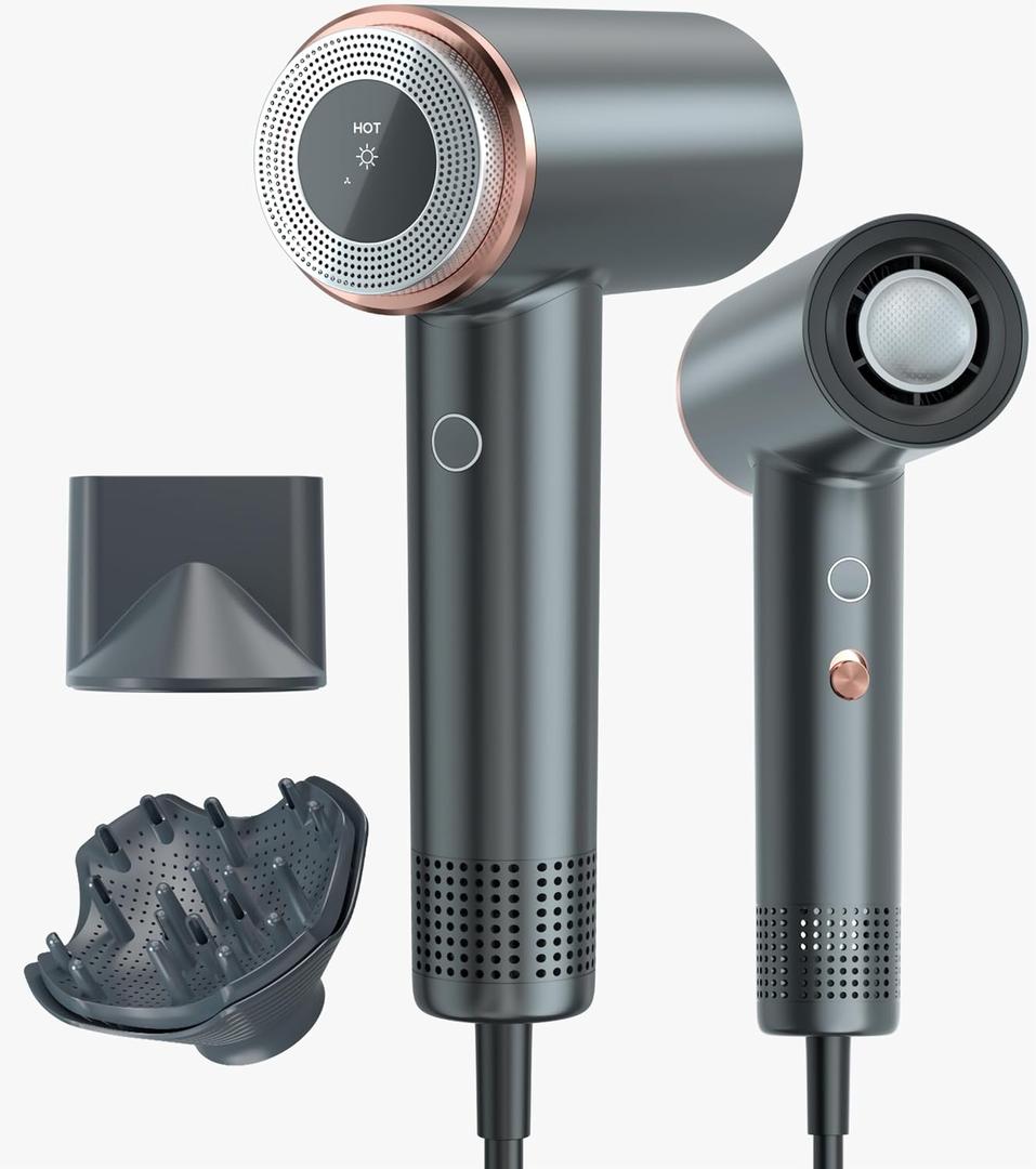 Rukebas Professional Ionic Hair Dryer 1400W with Diffuser & Concentrator  4 Speed/Heat Settings, Lightweight Fast Drying for Home Travel, Includes Brush Head & Replacement (120V 1.4kW)