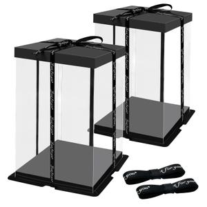 TEMPSPACE 2PCS Clear Gift Boxes Transparent Gift Cake Box, 6.8 * 6.8 * 11.5 inch Transparent Display Case Gift Boxes with Base, Lid & Ribbon for Wedding, Birthday, Christmas, Thanksgiving, Party