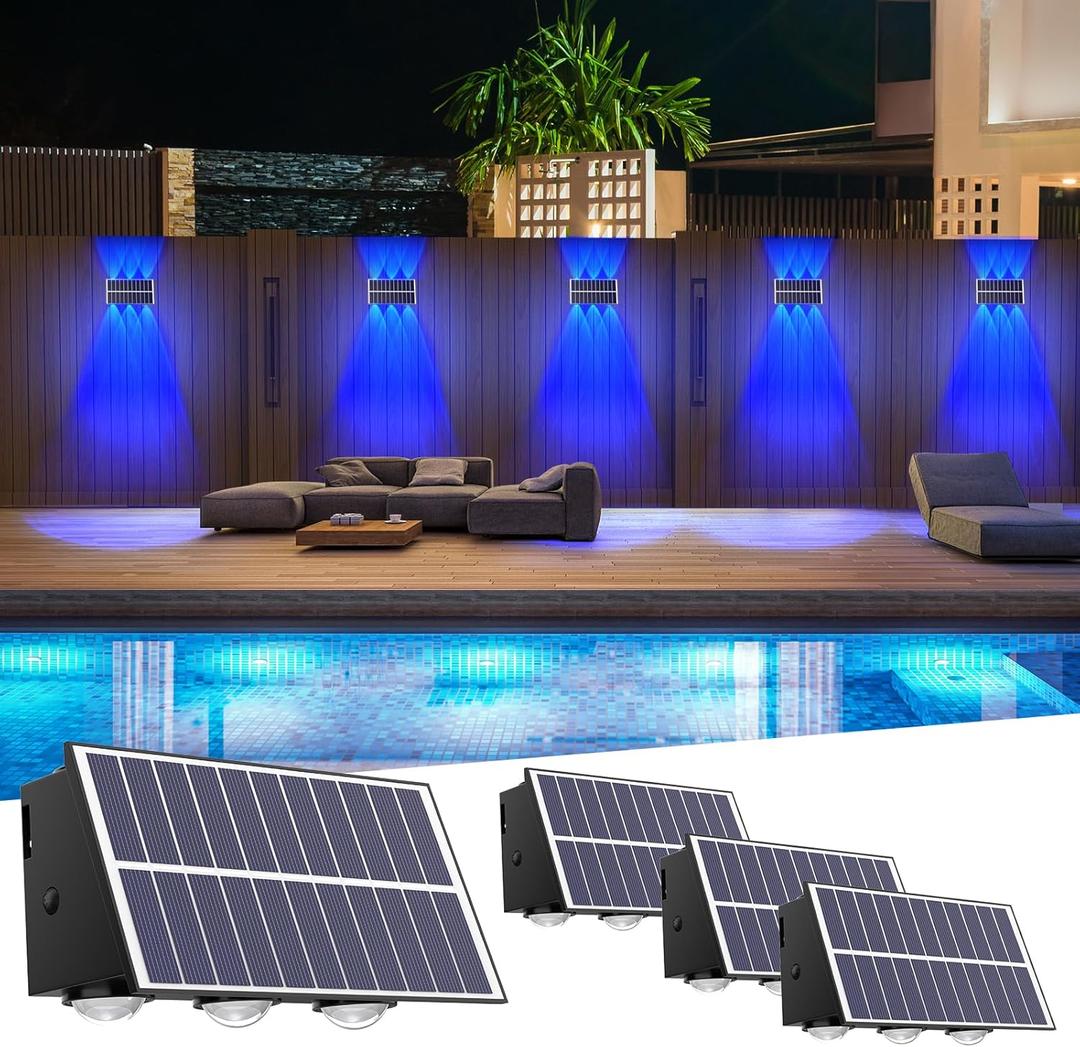 REINHARDT Solar Fence Lights RGB Solar Wall Lights Outdoor Modern with Color Changing & Solid Color Mode Waterproof Outside Christmas Lights for Backyard Garden Porch Pool -RGB 4 Pack