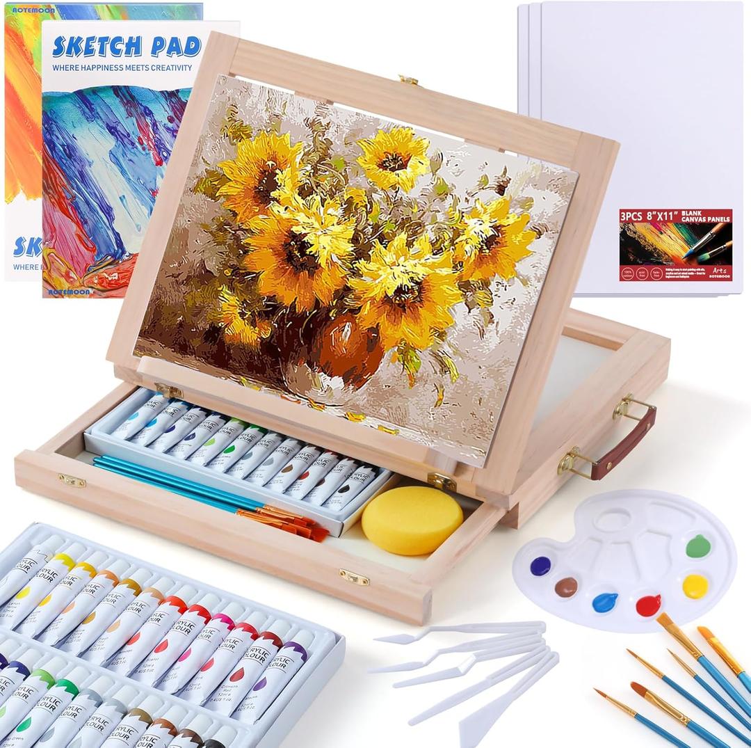 Wooden Tabletop Art Easel Set for Painting, 54 Pieces Starter Acrylic Paint Set with 24 Colors Acrylic Paints, Canvases, Sketch Pads, Brushes and Palette for Beginners Young Artists and Adults