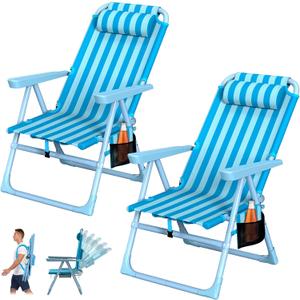 Suteck Backpack Beach Chair, 6-Positions Beach Chairs for Adults with Cooler Bag, Reclining Beach Chair with Cup Holder Folding Camping Chair for Sand Outdoor