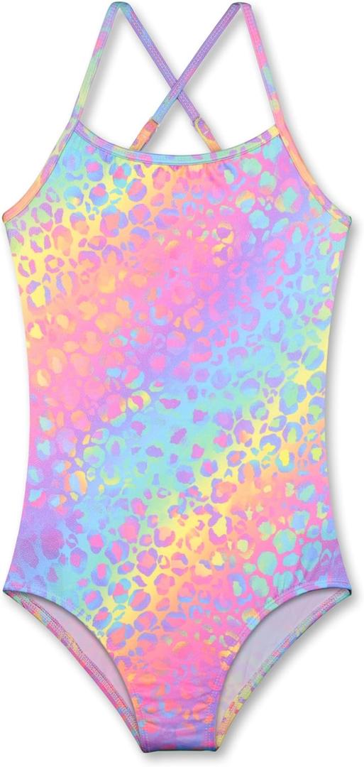 LUOUSE Girls Sparkle Swimsuits Quick Dry Crossback One Piece Beach Swimwear Bathing Suit with Adjustable Strap (5-6 Years, 03 Sparkle Rainbow Leopard)