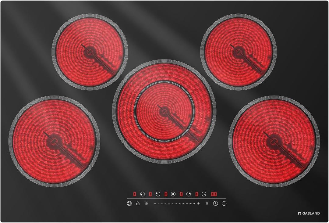 GASLAND 30 Inch Electric Cooktop 5 Burners, 8200W Built-in Radiant Glass Stove Top, 220-240V Electric Ceramic Cooktop with 9 Power Levels, Slide Touch Control, Child Safety Lock &Timer, Hard Wire