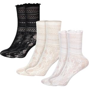 3Pairs Girly Scalloped Lettuce Ankle Sock, Ruffle Crew Socks Women, Lace Casual Cute Breathable Knit Lettuce Trim Frilly Socks ( No Size )